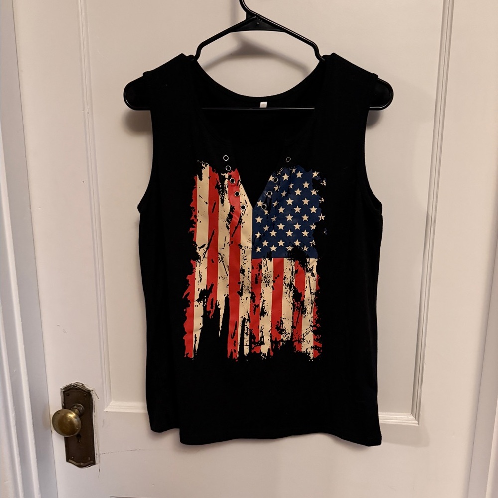 Amazon Black Tank Top with American Flag Design